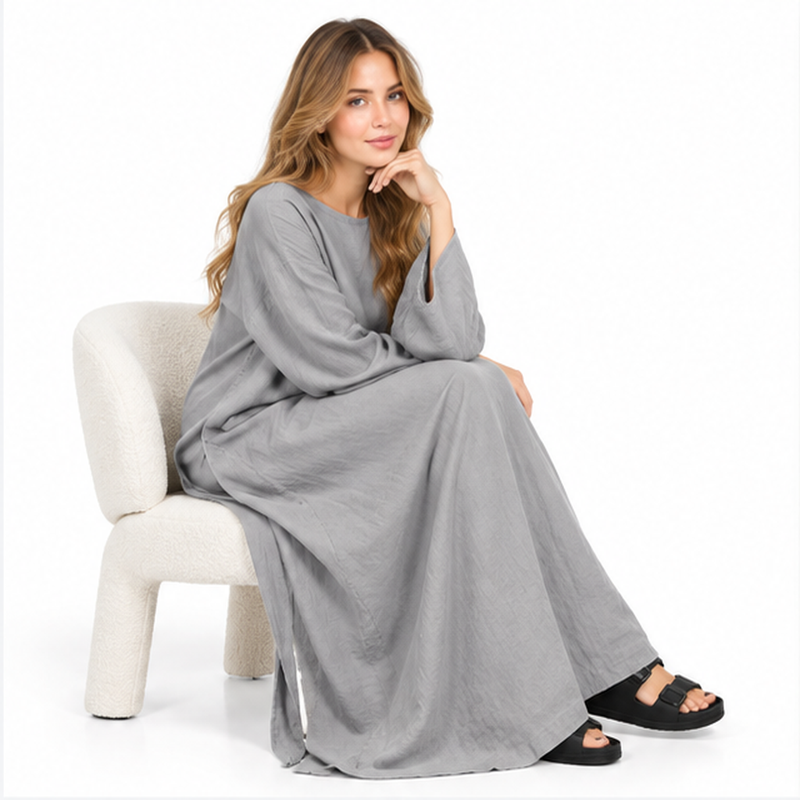 Grey Cotton Kaftan With Back Tie-3