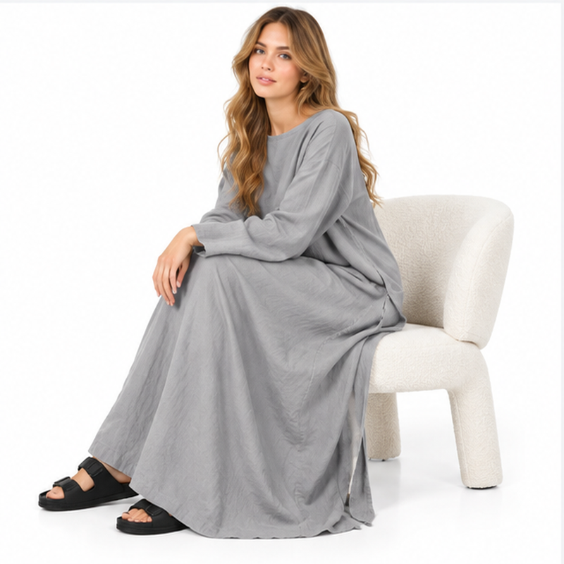 Grey Cotton Kaftan With Back Tie-2