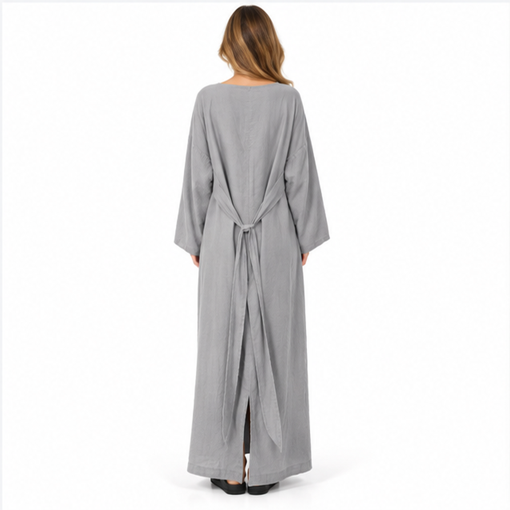 Grey Cotton Kaftan With Back Tie-4