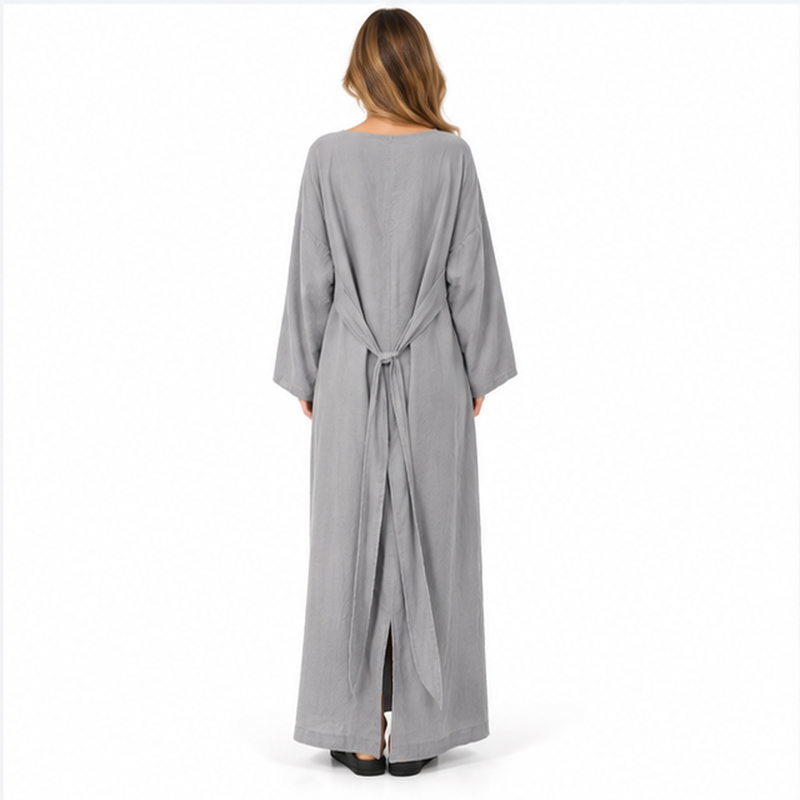 Grey Cotton Kaftan With Back Tie-4