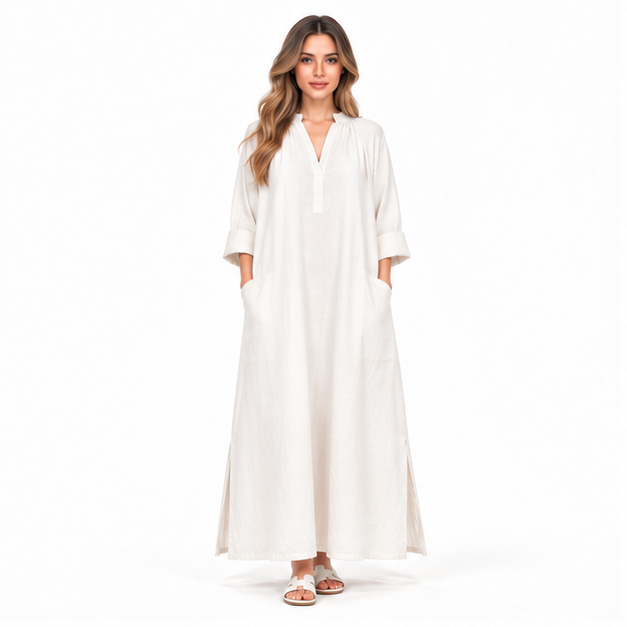 Elegant White Cotton Kaftan Maxi Dress
