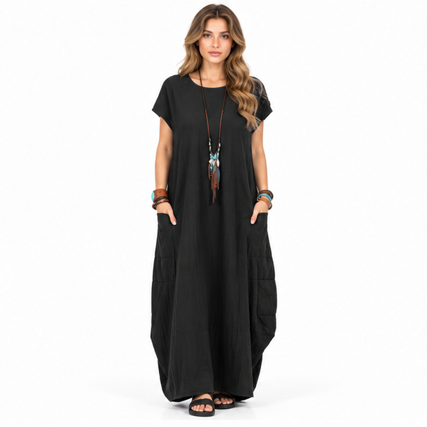 Elegant Black Cotton Kaftan Maxi Dress