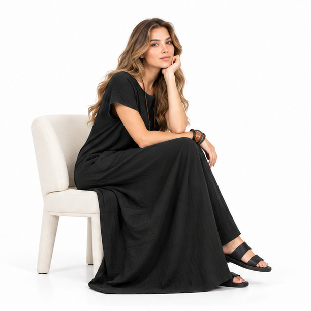 Elegant Black Cotton Kaftan Maxi Dress-3