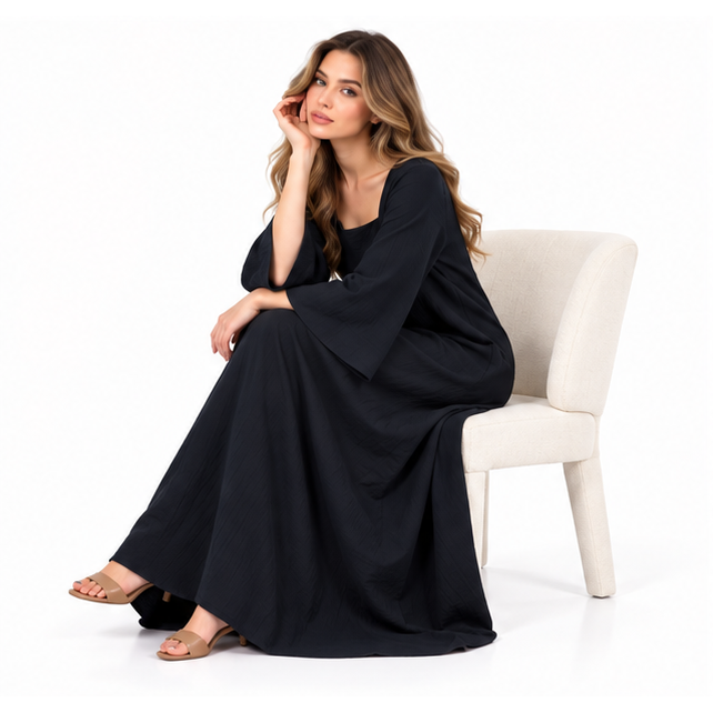 Elegant Black Cotton Kaftan Maxi Dress-2