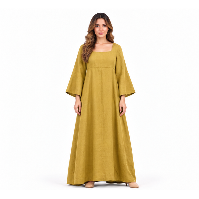 Cotton Kaftan Elegant Yellow Maxi Dress