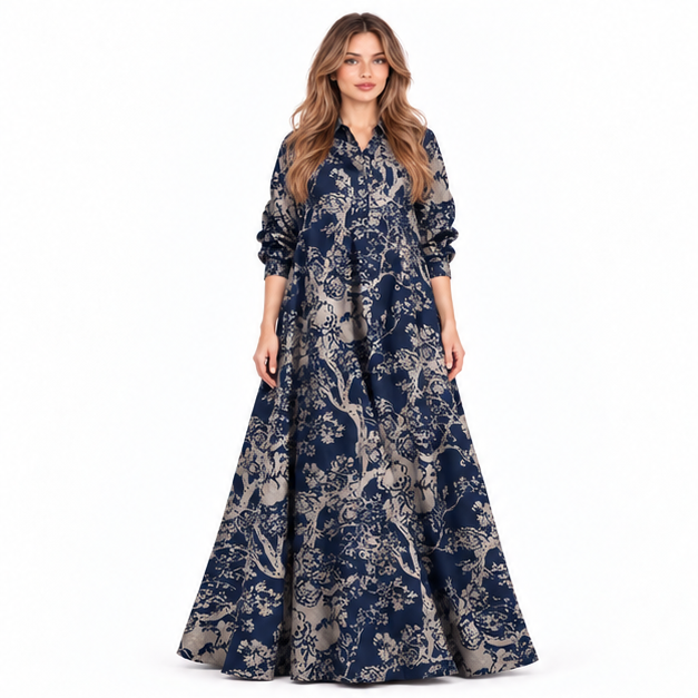 Cotton Kaftan Elegant Navy Floral Dress