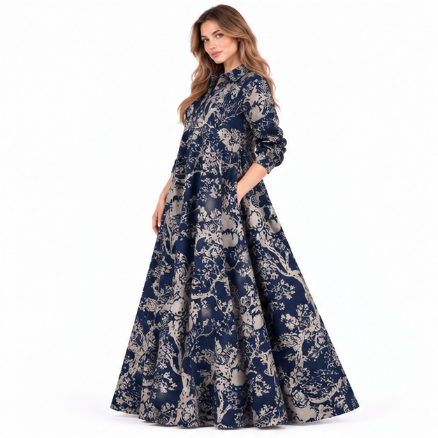 Cotton Kaftan Elegant Navy Floral Dress