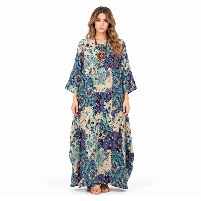 Elegant Blue Paisley Cotton Kaftan Dress-1