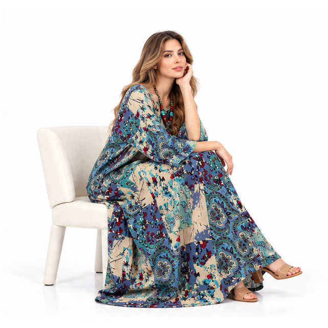 Elegant Blue Paisley Cotton Kaftan Dress-3