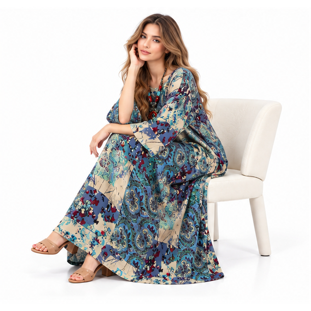 Elegant Blue Paisley Cotton Kaftan Dress-2