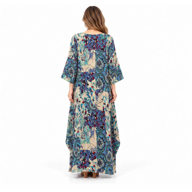 Elegant Blue Paisley Cotton Kaftan Dress-4