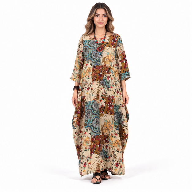 Bohemian Brown Patchwork Cotton Kaftan Dress-1