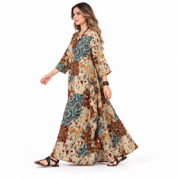 Bohemian Brown Patchwork Cotton Kaftan Dress-3