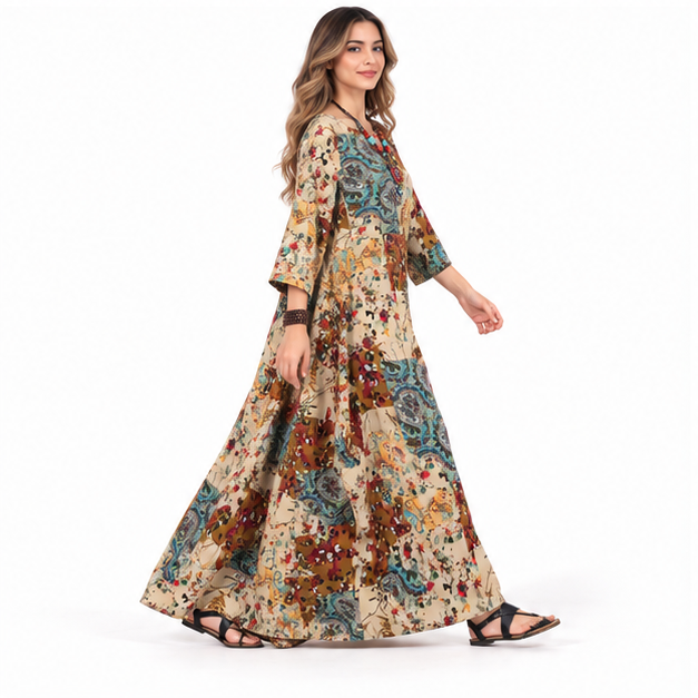 Bohemian Brown Patchwork Cotton Kaftan Dress-2