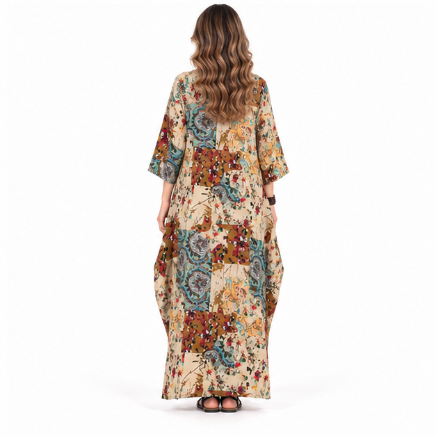 Bohemian Brown Patchwork Cotton Kaftan Dress-4