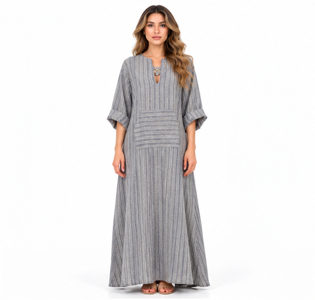 Elegant Grey Striped Cotton Kaftan Dress
