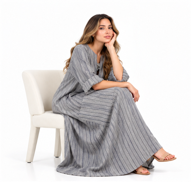 Elegant Grey Striped Cotton Kaftan Dress-3