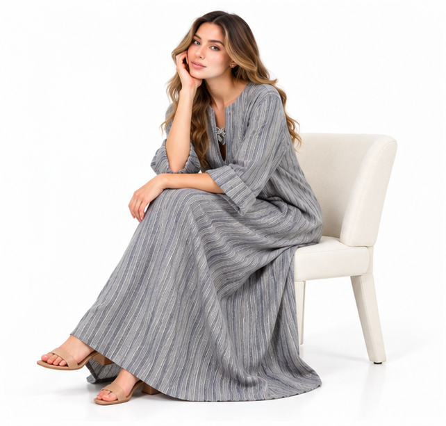 Elegant Grey Striped Cotton Kaftan Dress