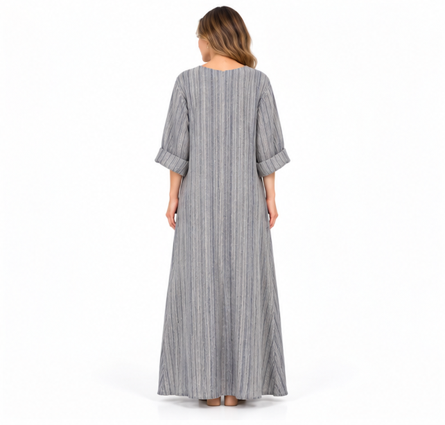 Elegant Grey Striped Cotton Kaftan Dress-4