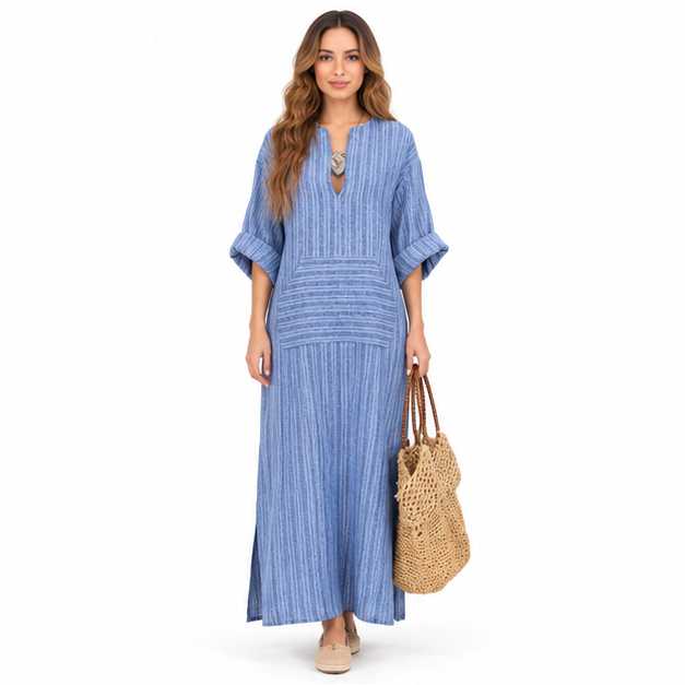 Elegant Blue Striped Cotton Kaftan Dress