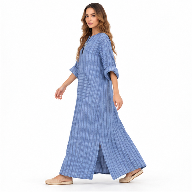 Elegant Blue Striped Cotton Kaftan Dress-3