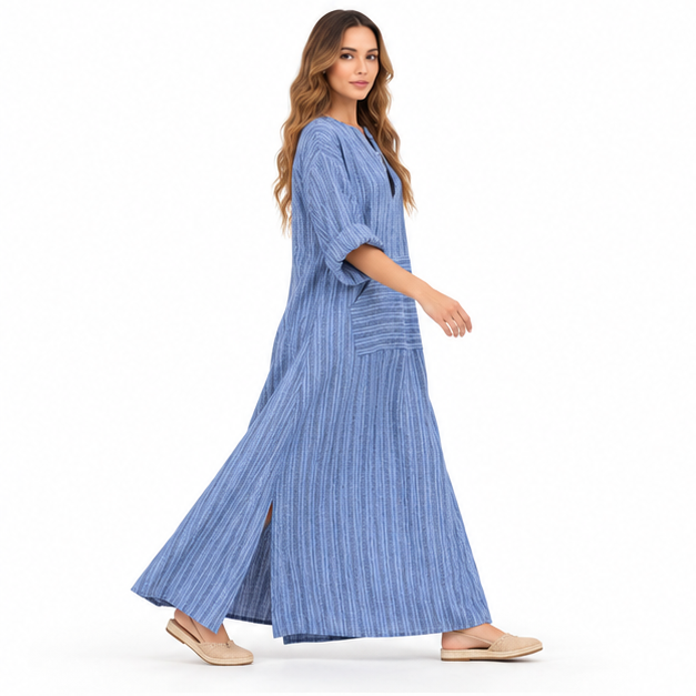 Elegant Blue Striped Cotton Kaftan Dress-2