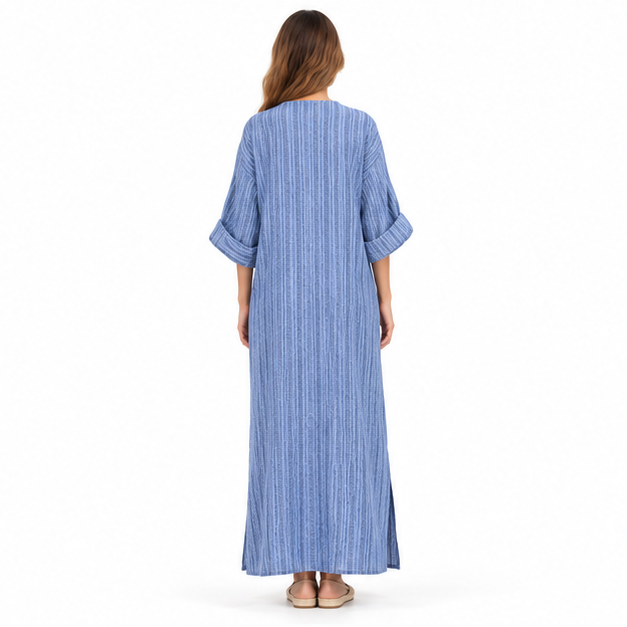 Elegant Blue Striped Cotton Kaftan Dress-4