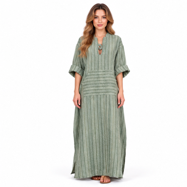 Cotton Kaftan Elegant Sage Green Stripes-1