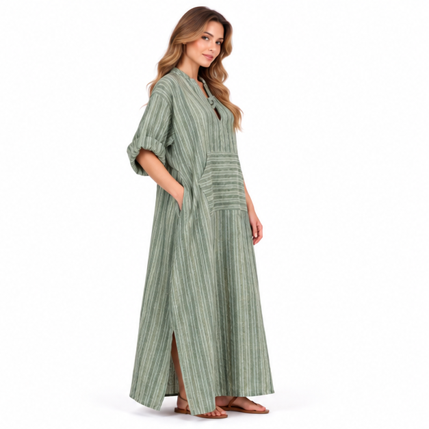 Cotton Kaftan Elegant Sage Green Stripes-3