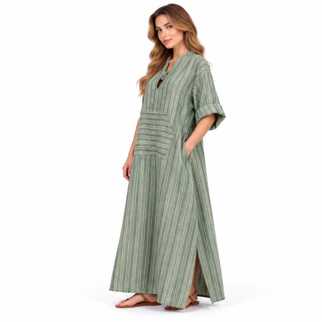Cotton Kaftan Elegant Sage Green Stripes-2