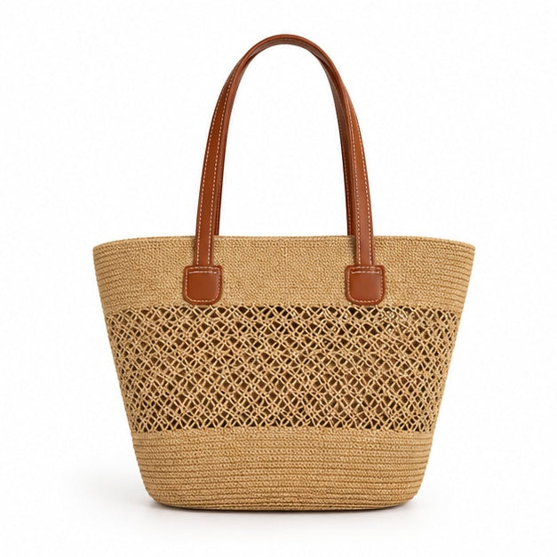 Natural Woven Raffia Leather Handle Tote-4