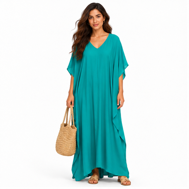 Elegant Blue Green Linen Maxi Kaftan