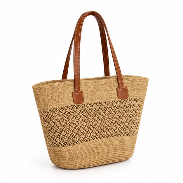 Natural Woven Raffia Leather Handle Tote-1