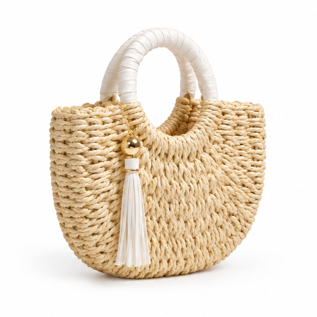 Natural Woven Raffia Round Handle Handbag-1