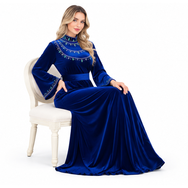 Elegant Royal Blue Embroidered Velvet Kaftan