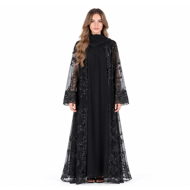 Elegant Black Floral Embroidered Sequin Kaftan-1