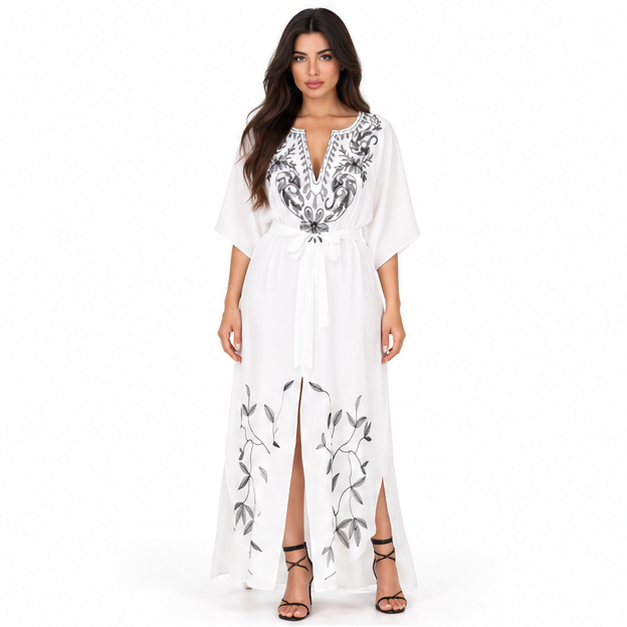 White Kaftan With Elegant Floral Embroidery