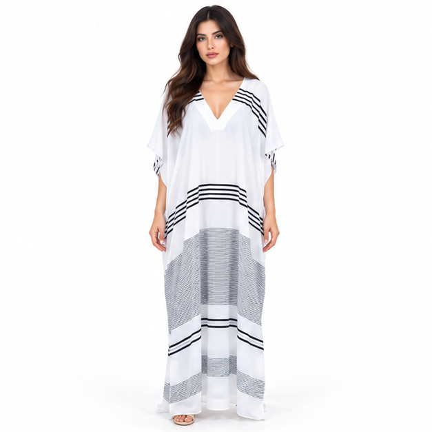 White Cotton Kaftan With Black Stripes