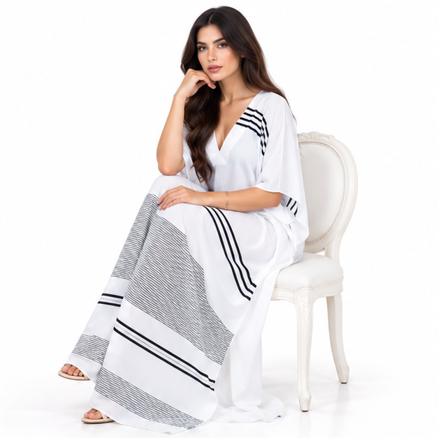 White Cotton Kaftan With Black Stripes-3