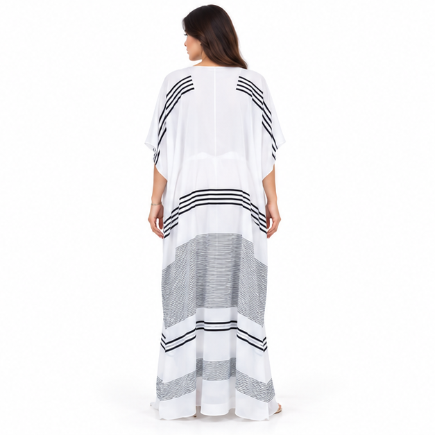 White Cotton Kaftan With Black Stripes-4