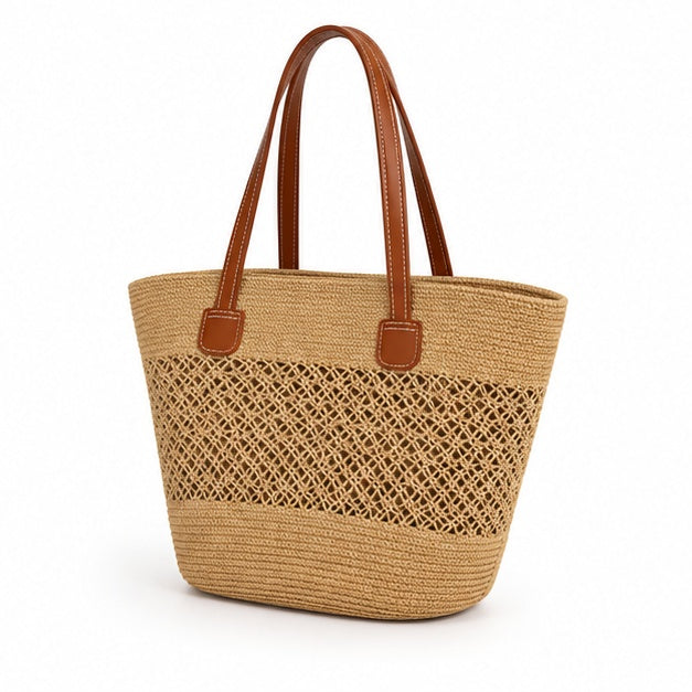 Natural Woven Raffia Leather Handle Tote-3