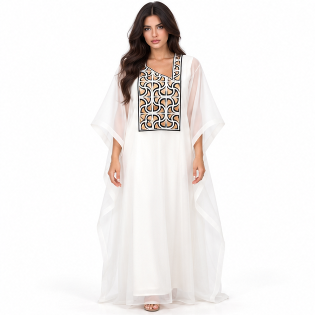 White Kaftan With Elegant Geometric Embroidery-1