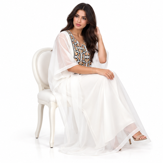 White Kaftan With Elegant Geometric Embroidery-2