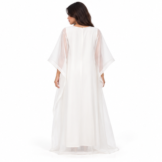 White Kaftan With Elegant Geometric Embroidery-4