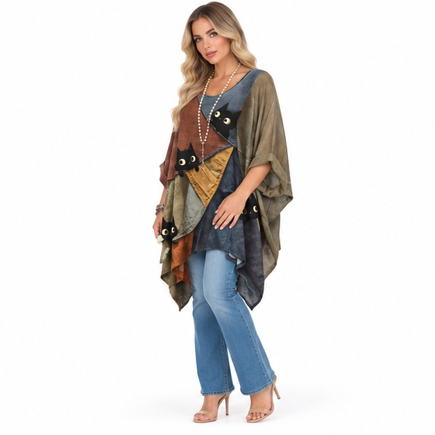 Artistic Multicolor Cat Print Kaftan Top-3