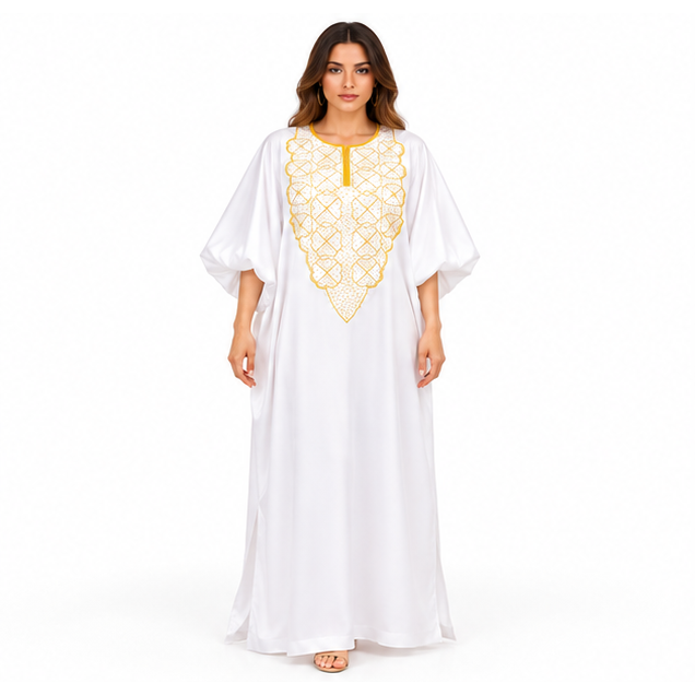 White Kaftan With Elegant Gold Embroidery-1