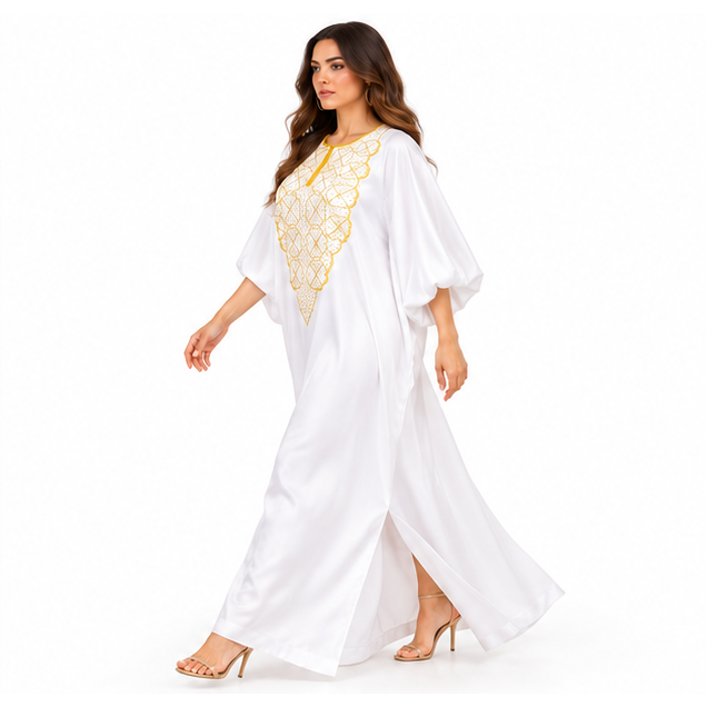 White Kaftan With Elegant Gold Embroidery-3