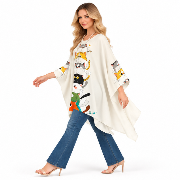 Cute Cat Print Flowy Kaftan Top-3