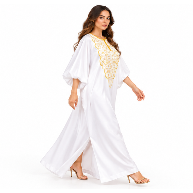 White Kaftan With Elegant Gold Embroidery
