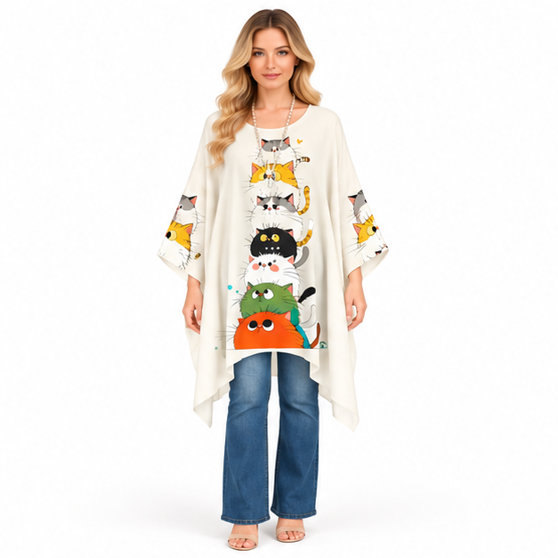 Cute Cat Print Flowy Kaftan Top-1